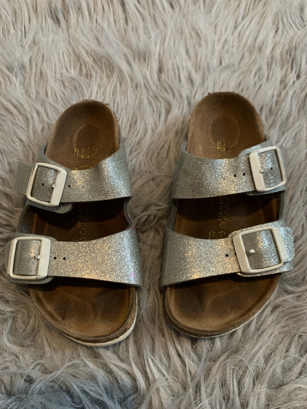 Birkenstock gray glitter slides